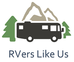 rverslikeus logo an RV bus cartoon with mountains and name rverslike us below